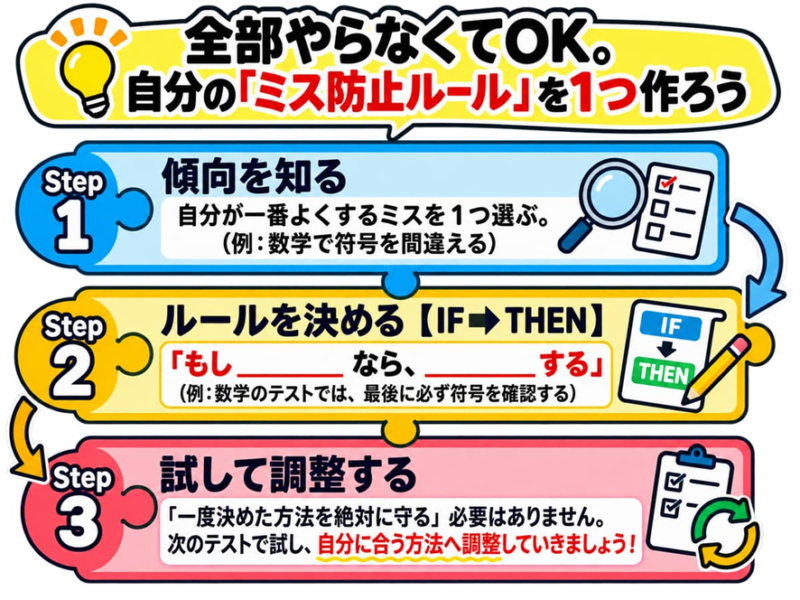 全部やらなくてOK。
自分の「ミス防止ルール」を1つ作ろう